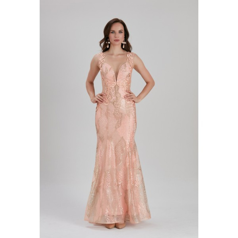 Neva Style Abiye Elbise Dantel Detaylı Somon Abiye Elbise 7555SMN Elbise Fiyatı