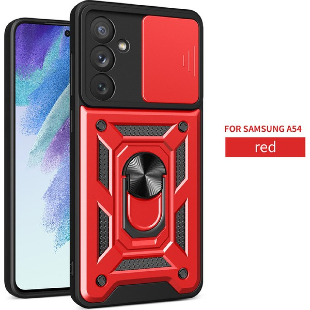 Nevarium Samsung Galaxy A54 Kılıf Lens Sürgülü Yüzüklü Tank Silikon Pars - Kırmızı Cep Telefonu Kılıfı Fiyatı