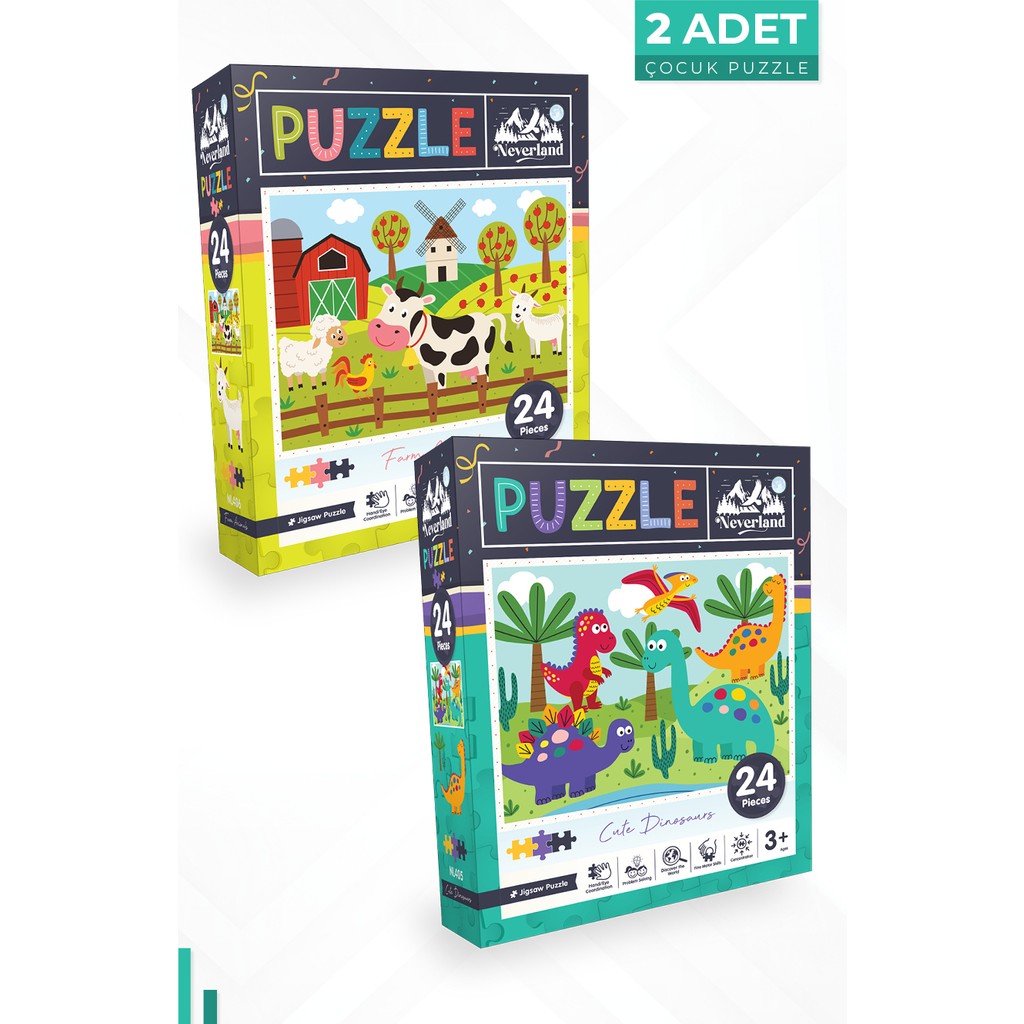 Neverland 2 Adet Puzzle - 24 Parça Çiftlik Hayvanları ve 24 Parça Sevimli Dinazorlar Anne Bebek Oyuncak Fiyatı