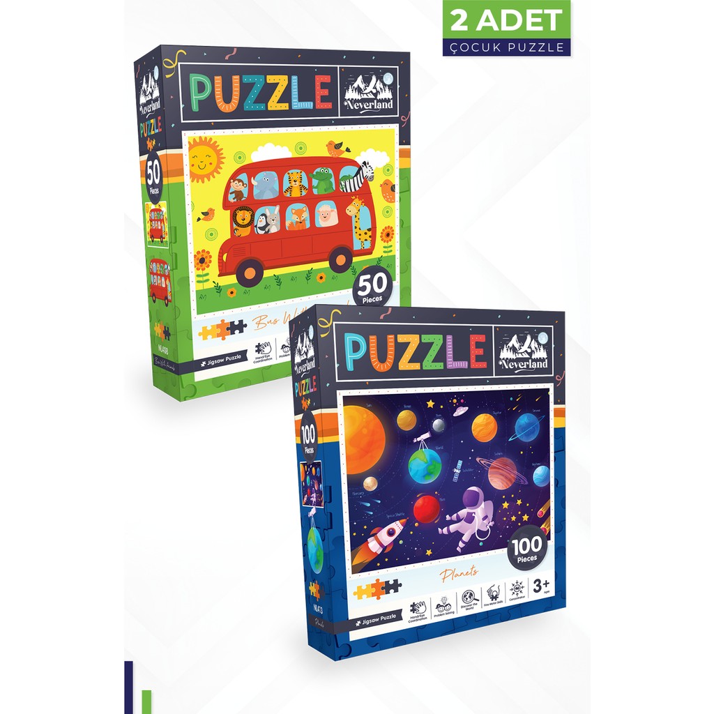 Neverland 2 Adet Puzzle - 50 Parça Hayvanlarla Otobüs ve 100 Parça Gezegenler Anne Bebek Oyuncak Fiyatı