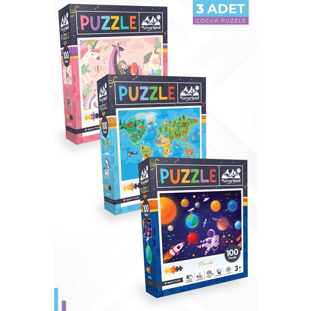 Neverland 3 Adet 100 Parça Puzzle - Unıcorn ve Hayvan Dünya Haritası ve Gezegenler Anne Bebek Oyuncak Fiyatı