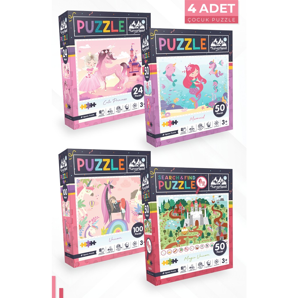 Neverland 4 Adet Puzzle - 24 P. Sevimli Prenses ve 50 P.deniz Kızı ve 100 P. Unıcorn ve 50 P. Sihirli Unıcorn Anne Bebek Oyuncak Fiyatı
