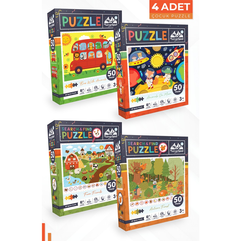 Neverland 4 Adet Puzzle - 50 P. Hayvanlarla Otobüs ve Ay Hayvanları ve Çiftlik Arkadaşları ve Sonbahar Ormanı Anne Bebek Oyuncak Fiyatı