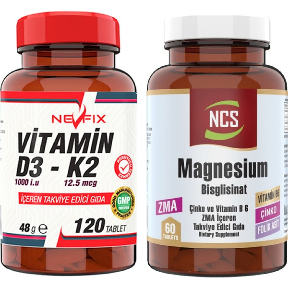 Nevfix Ncs Zma Magnesium Bisglisinat Vitamin B6 Folik Asit & Nevfix Vitamin D3-K2 120 Tablet Sporcu Besinleri Fiyatı