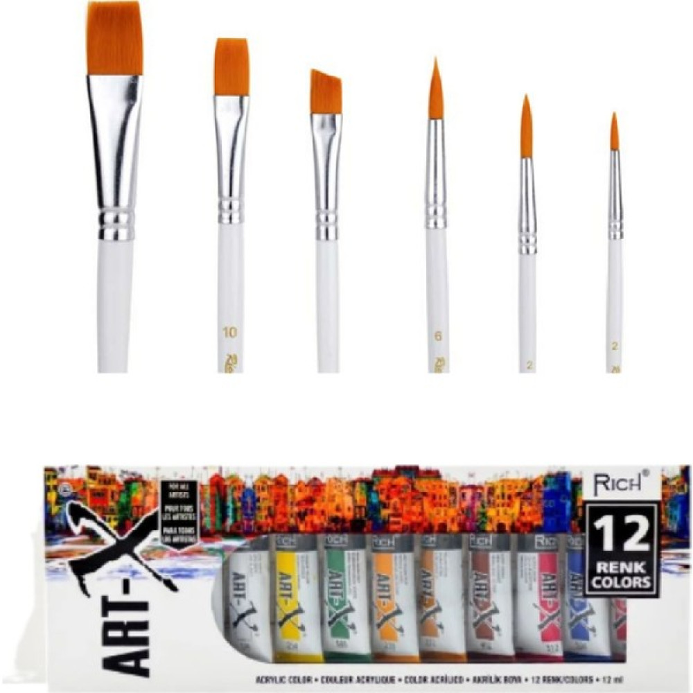 New Art Hobby Rich 12 ml 12 Renk Akrilik Tüp Boya + Keep Smile 6'lı Fırça Set Oto Boyaları Fiyatı