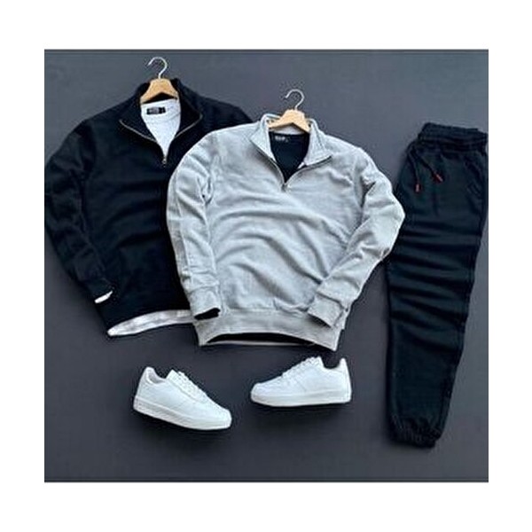 New Cabin Siyah Renkli 3'lü Kombin Yarım Fermuarlı Pamuklu Sweat ve Eşofman Altı Takım Regular Fit Erkek Sweatshirt Fiyatı