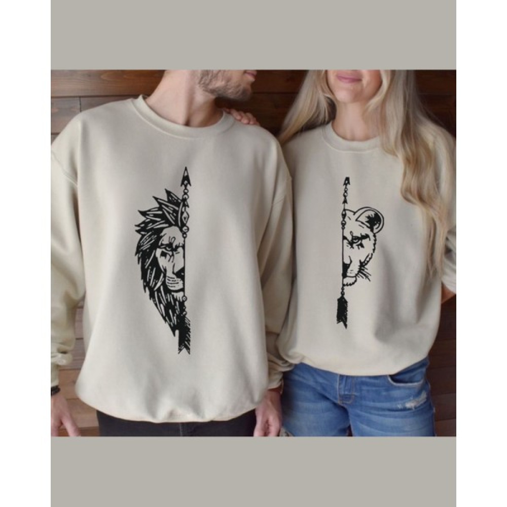 New Cabin Standart Kalıp Aslan Baskılı Sevgili Kombini Pamuklu Ikili Sweatshirt Takımı Bayan Sweatshirt Fiyatı