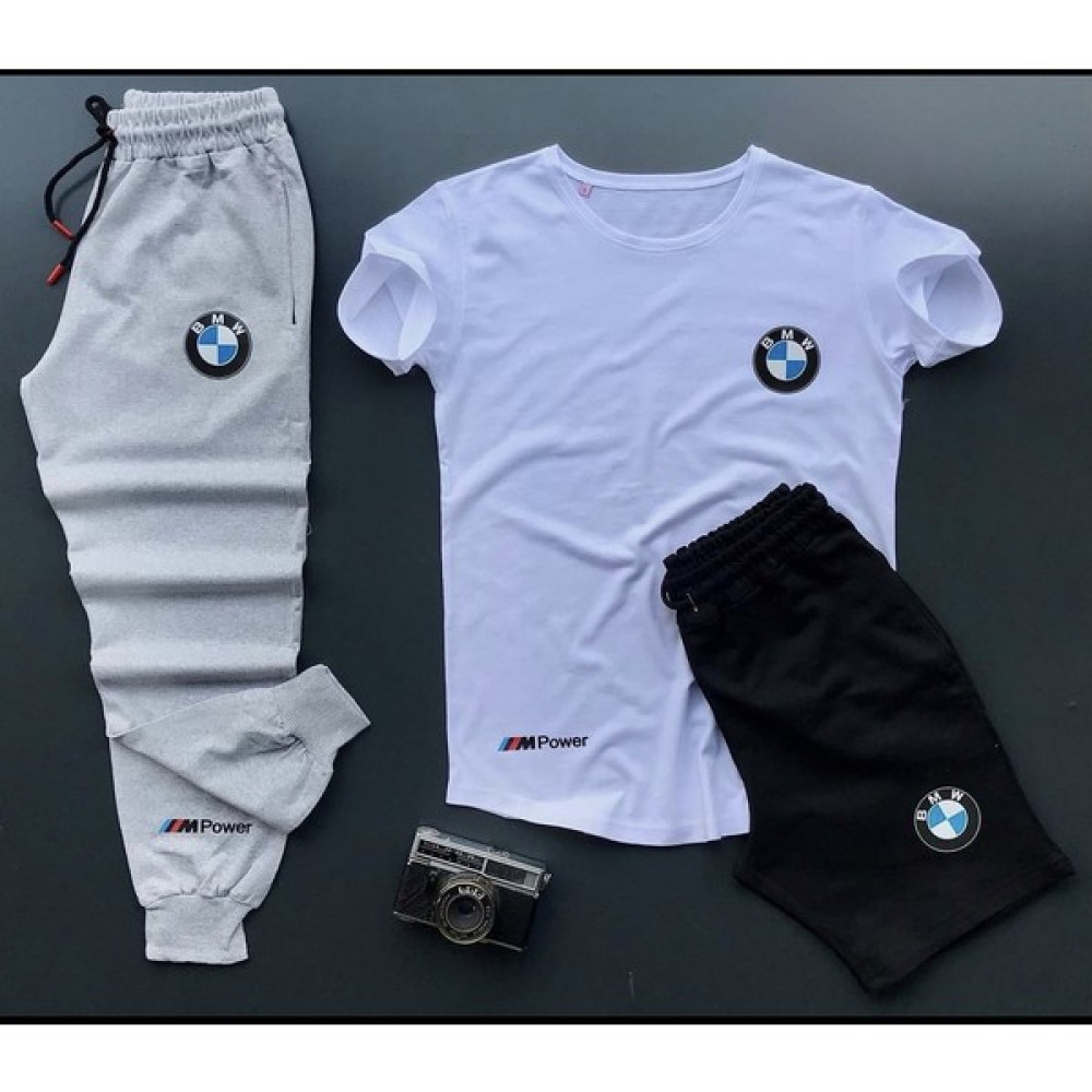 New Cabin Yazlık Şort-Eşofman Altı-Tişört Slim Fit 3'lü Bmw Mpower Baskılı Takım Kombin Alt Üst Erkek Eşofman Fiyatı