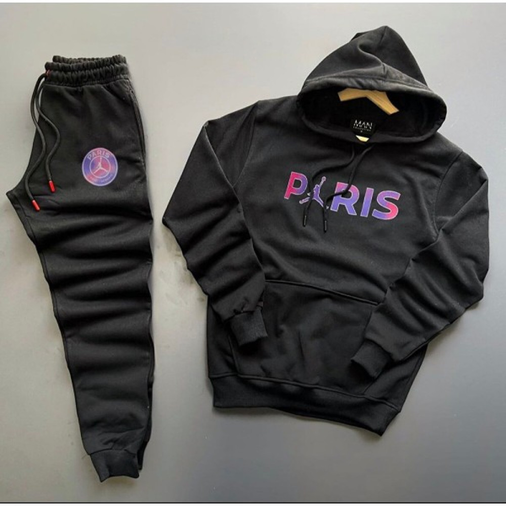 New Cabin Yeni Sezon Unisex Paris Baskılı Gri Pamuklu Hoodie- Pamuklu Siyah Eşofman Altı Takım 2'li Erkek Eşofman Fiyatı