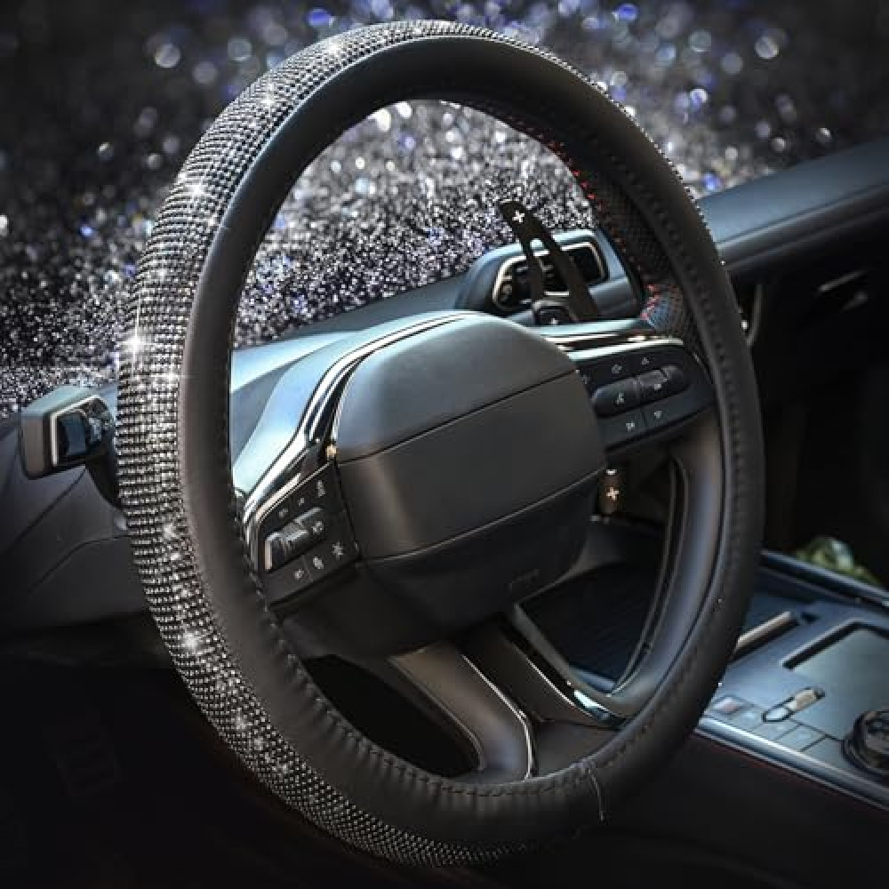 New Diamond Leather Steering Wheel Cover with Bling Bling Crystal Rhinestones, Universal Fit 15 Inch Car Wheel Protector for Women Girls,Black Diamond