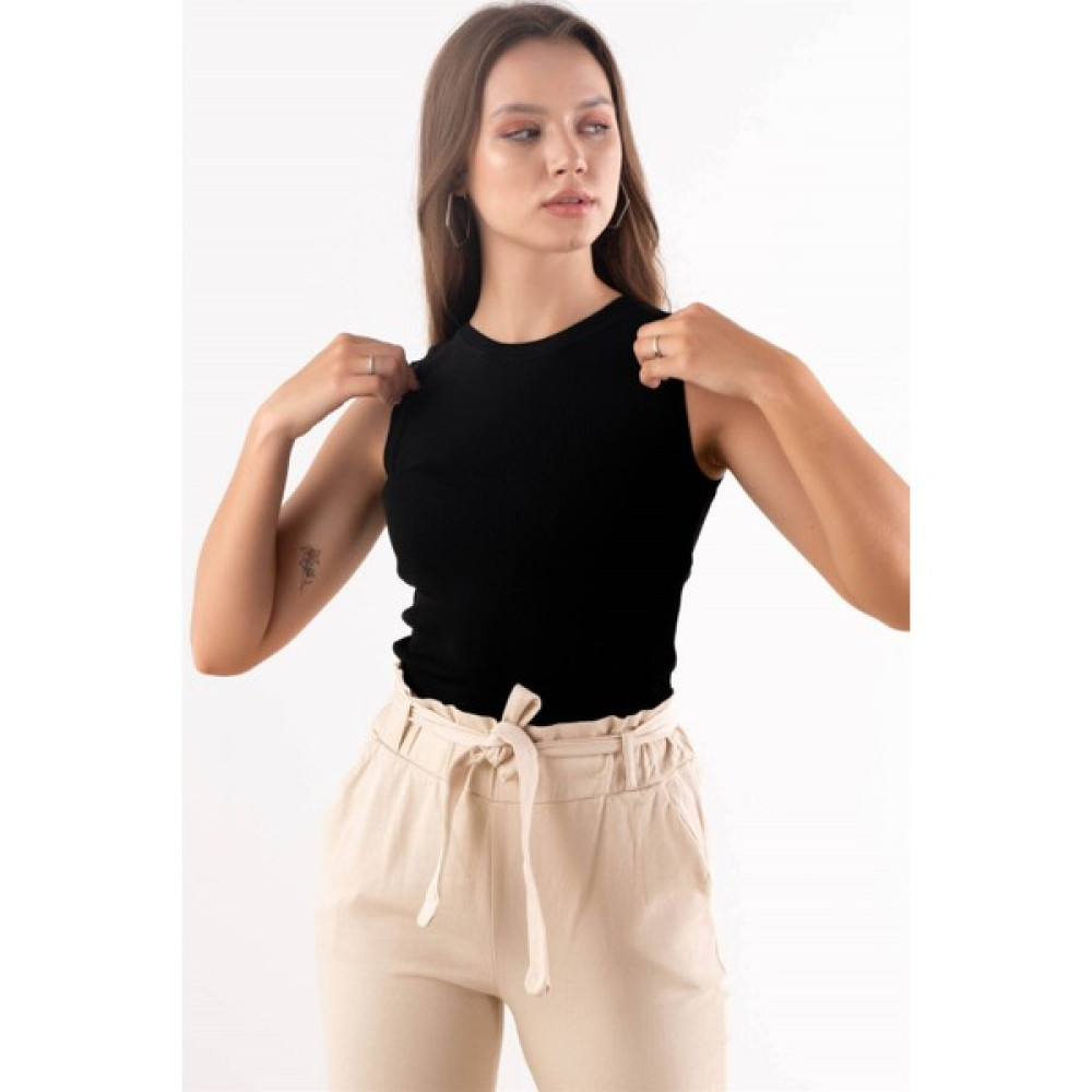 New Fashion Bisiklet Yaka Kolsuz Kaşkorse Bluz - Siyah Bluz Fiyatı