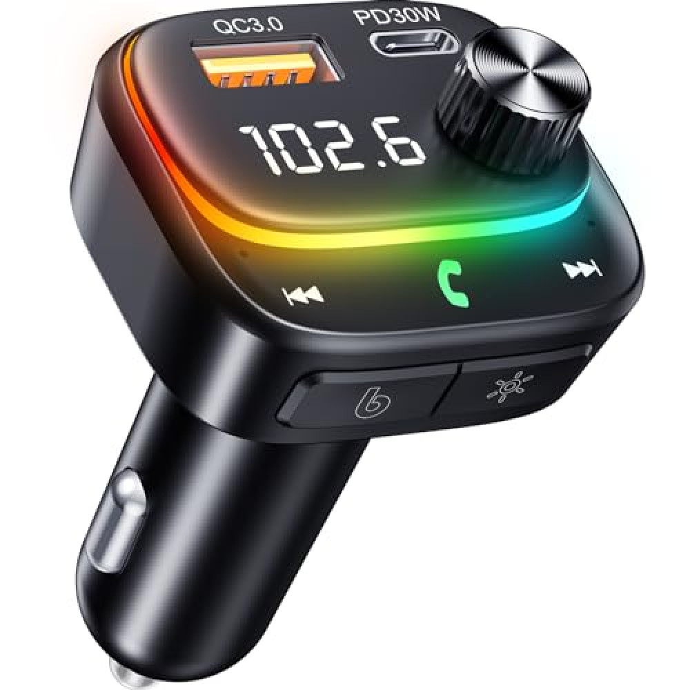 New FM Transmitter Bluetooth- 48W PD&QC3.0 Bluetooth Car Adapter with [Stronger Dual Mics & HiFi Deep Bass Sound], RGB Lights for Music Streaming