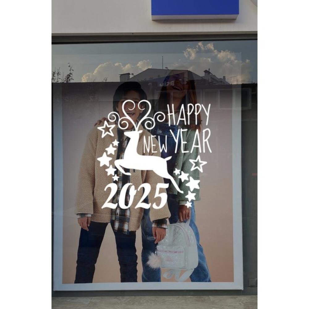 New Jargon Geyik ve Happy New Year 2024 Yılbaşı Süslemeleri Yeni Yıl Vitrin Cam Sticker - 50 cm - Beyaz Diğer Fiyatı