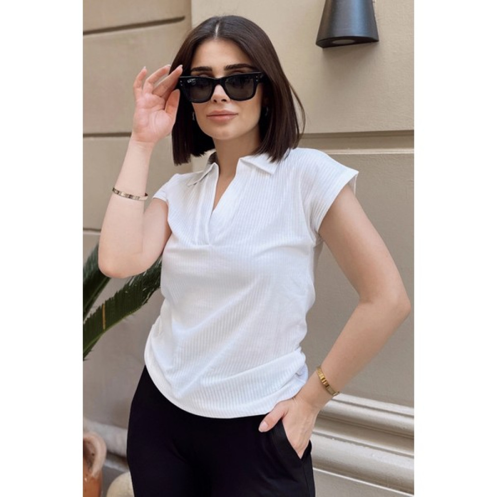 New Laviva Beyaz Polo Yaka, Kısa Kol, Fitilli Kaşkorşe Kumaş, Basic Kalıp/kesim, Spor ve Günlük Bluz & T-Shirt Bluz Fiyatı