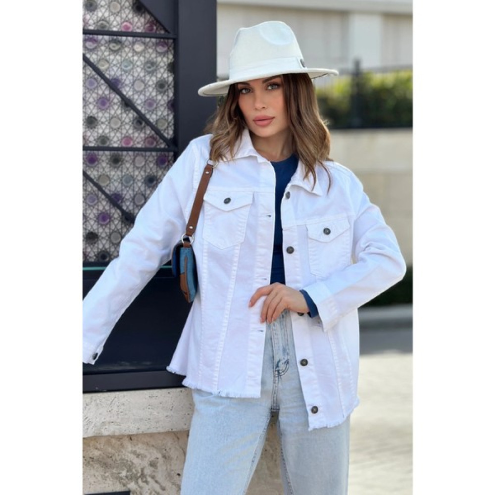 New Laviva Kadın Beyaz Çift Cepli, Eteği Püsküllü, Kaliteli Jeans Kumaş, Rahat Kesim, Kot Ceket Bayan Ceket Fiyatı