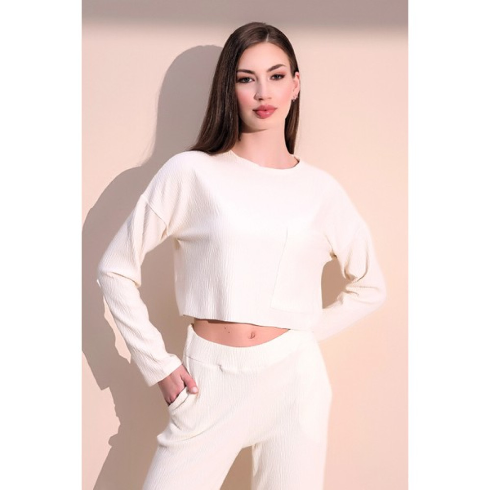 New Laviva Kadın Ekru Uzun Kol Kendinden Dokulu Cepli Crop Sweatshirt, Salaş Kesim Bluz Bluz Fiyatı