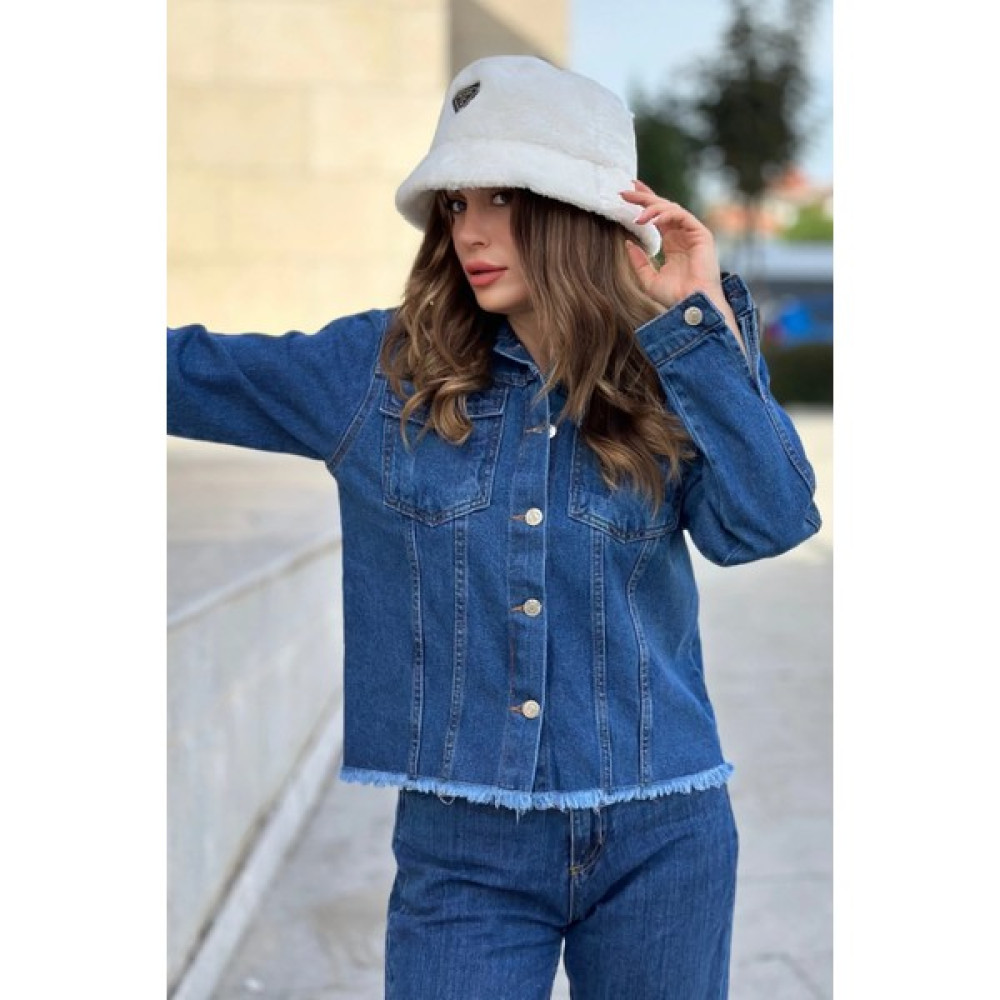 New Laviva Kadın Mavi Çift Cepli, Eteği Püsküllü, Kaliteli Jeans Kumaş, Rahat Kesim, Kot Ceket Bayan Ceket Fiyatı