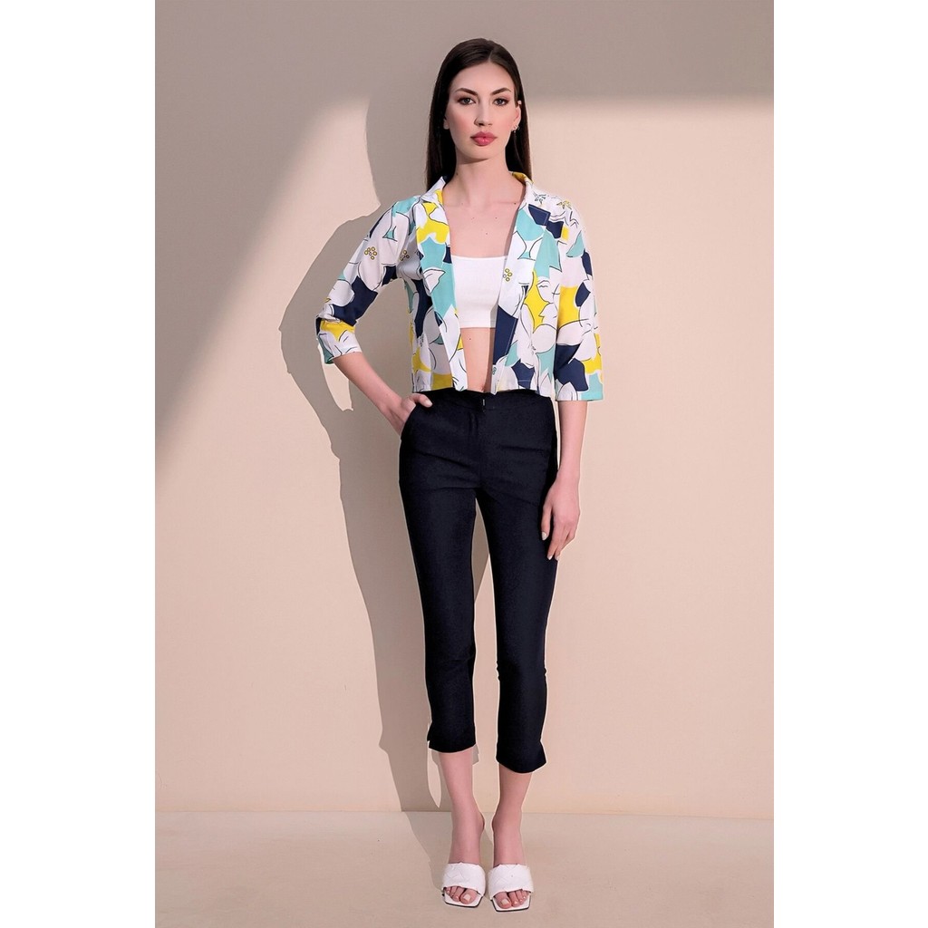 New Laviva Kadın Sarı & Lacivert Şık Desenli Poplin Crop Ceket Bayan Ceket Fiyatı