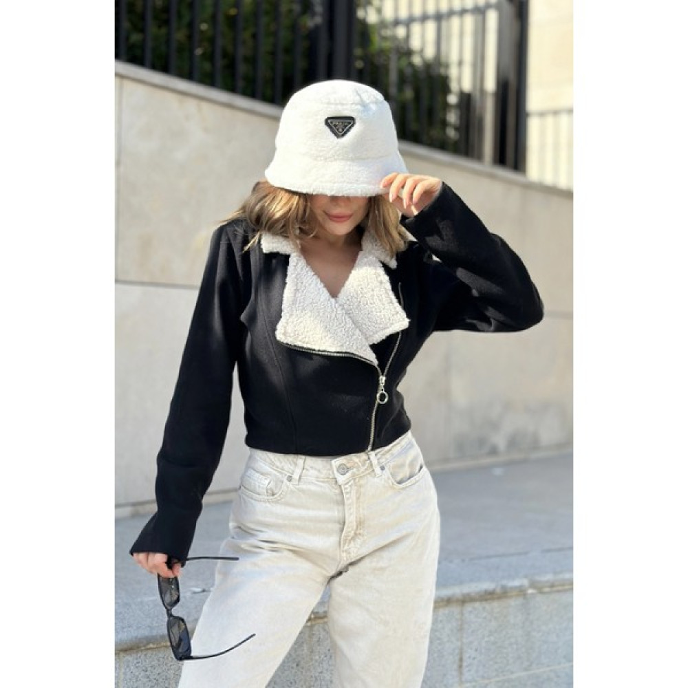 New Laviva Kadın Siyah Yakası Peluş Detay Fermuarlı Crop Fit Kesim Fitilli Kaşe Kumaş Kısa Biker Ceket Bayan Ceket Fiyatı