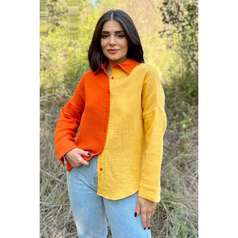 New Laviva Kadın Turuncu & Sarı Muslin Kumaş, Çift Bloklu, Eteği Oval, Uzun Kol, Regular Kesim Gömlek Kadın Gömlek Fiyatı