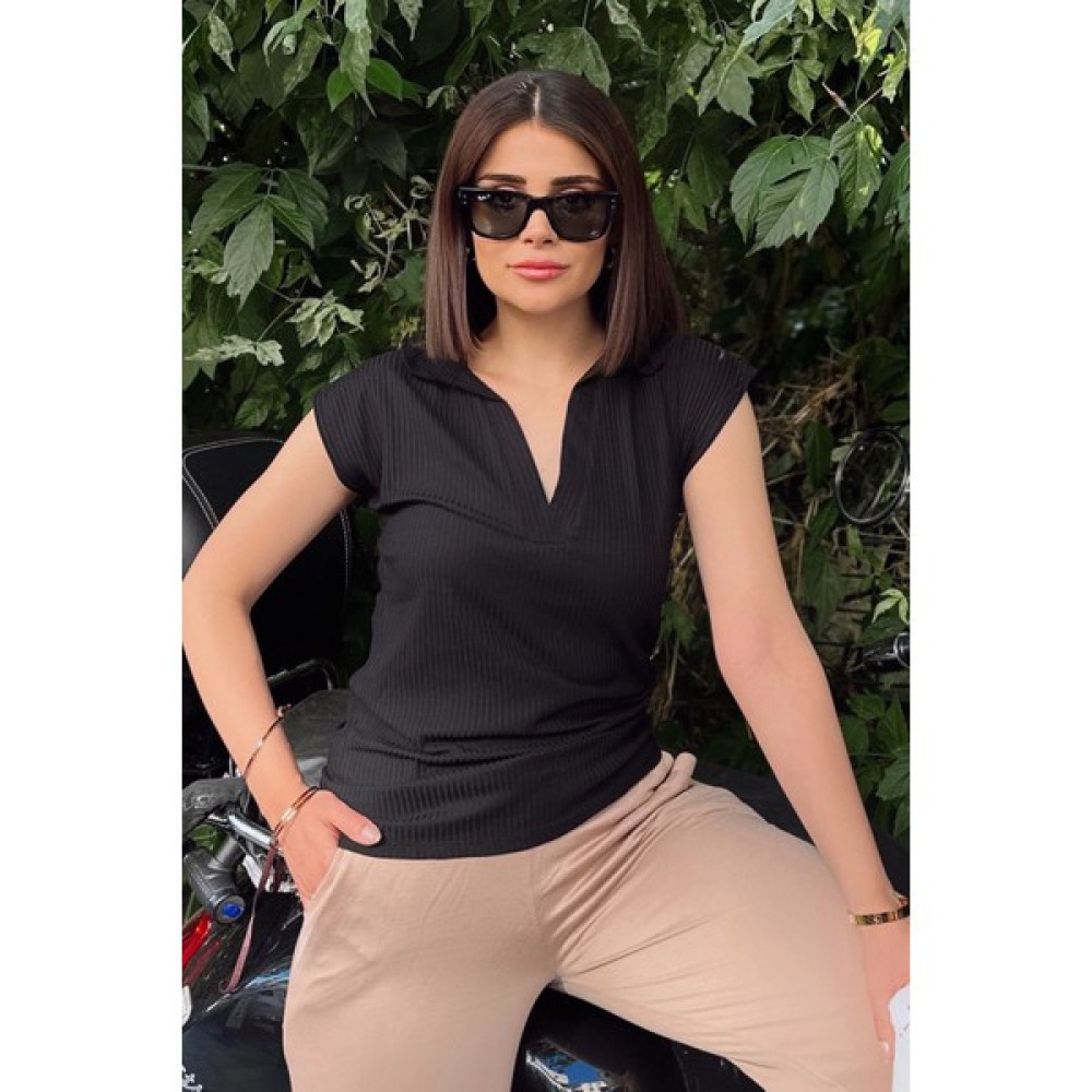 New Laviva Siyah Polo Yaka, Kısa Kol, Fitilli Kaşkorşe Kumaş, Basic Kalıp/kesim, Spor ve Günlük Bluz & T-Shirt Bluz Fiyatı