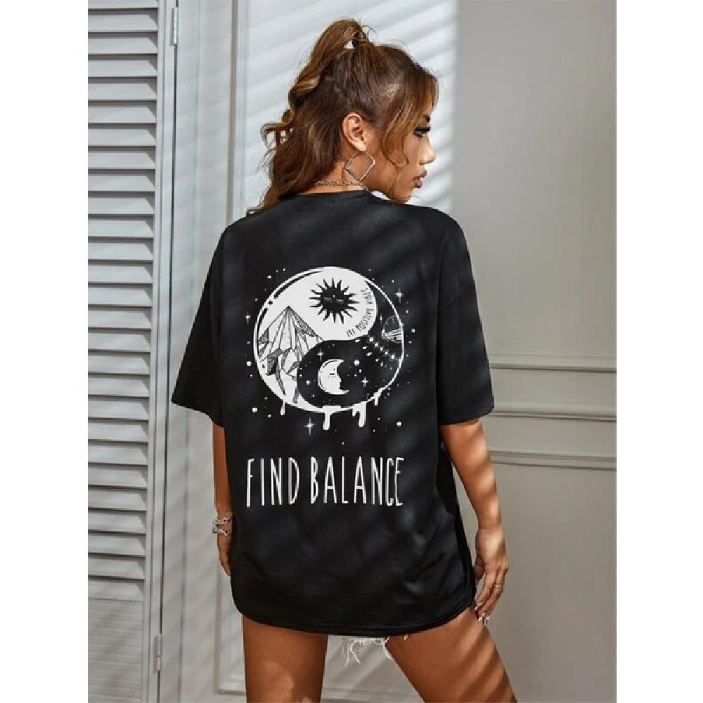 New Moda Baskılı Siyah Tişört Yingyang Bayan T-shirt Fiyatı