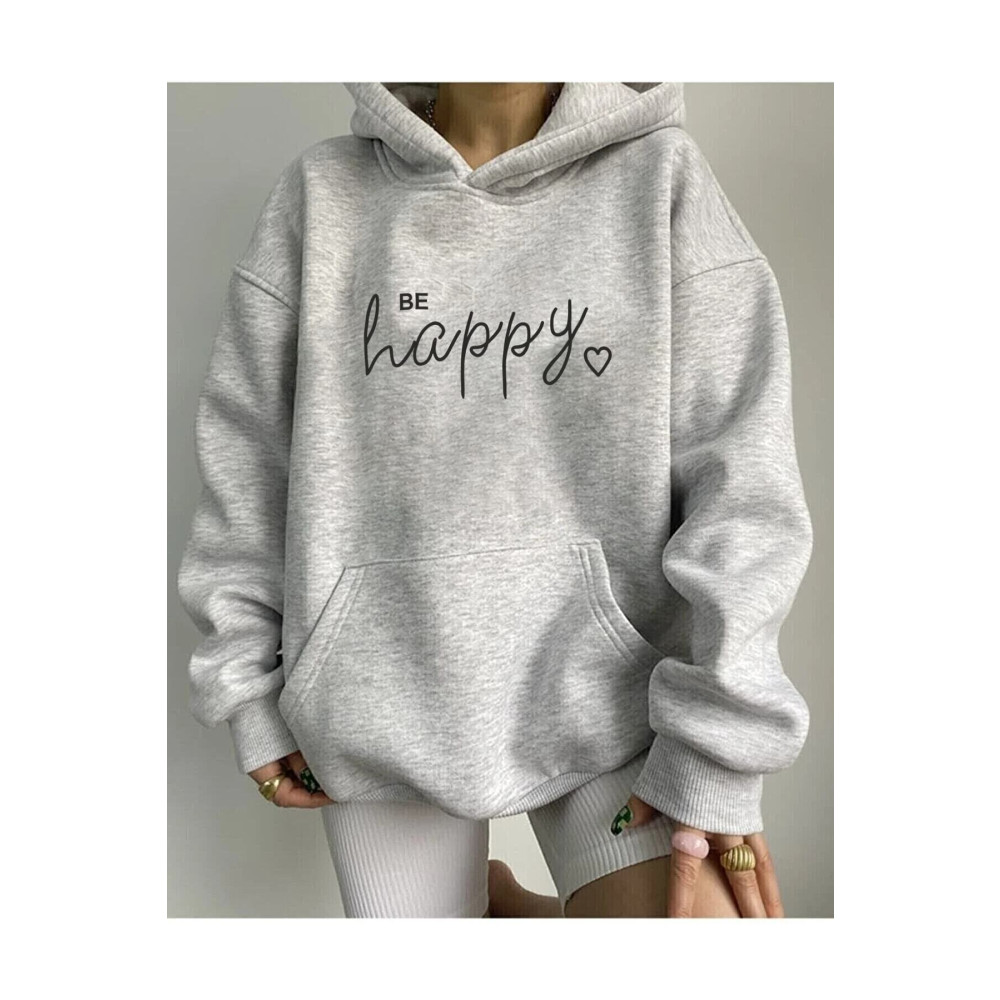 NEW MODA Be Happy Baskılı Kapüşönlü Sweatshirt 2XL Beden Bayan Sweatshirt Fiyatı