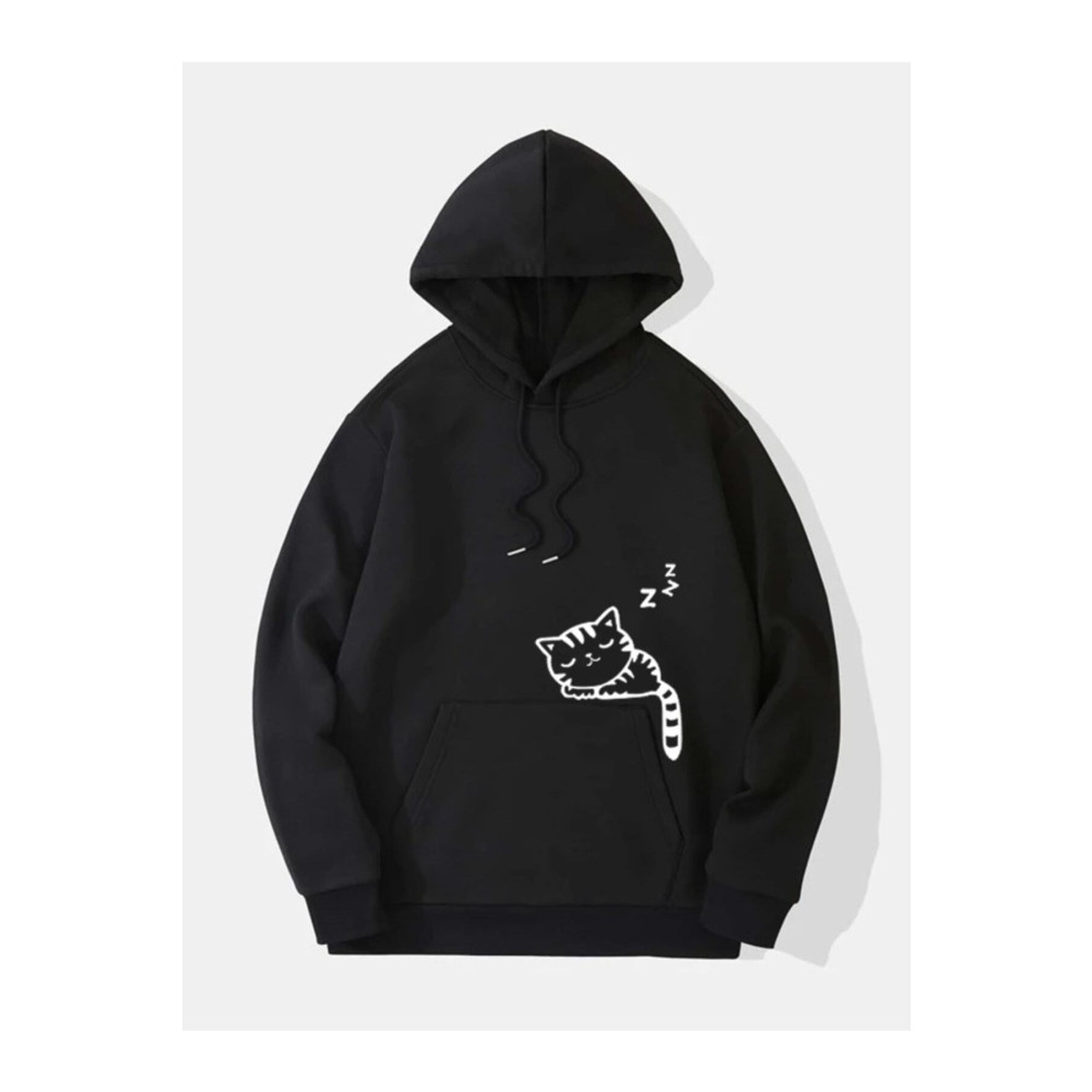 NEW MODA Cep Üstünde Kedi Baskılı Kapüşönlü Sweatshirt XL Beden Bayan Sweatshirt Fiyatı