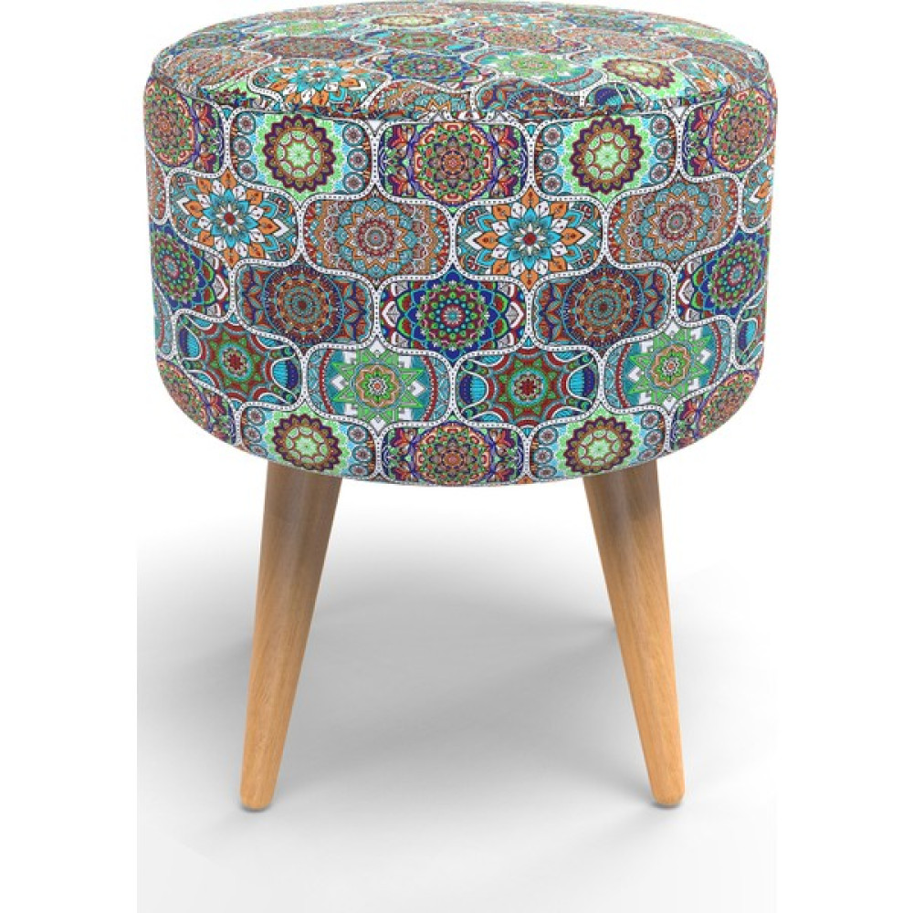 New Old Silindir Puf Masif Iskelet ve Ayaklar Dokuma Kumaş Beyaz Mandala - 39 x 47 cm Puf Fiyatı