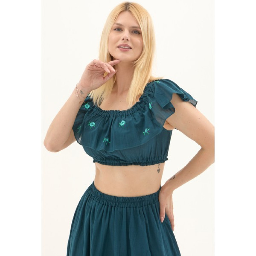 Newbutix Petrol Vual Nakışlı Yazlık Crop Bluz Bluz Fiyatı