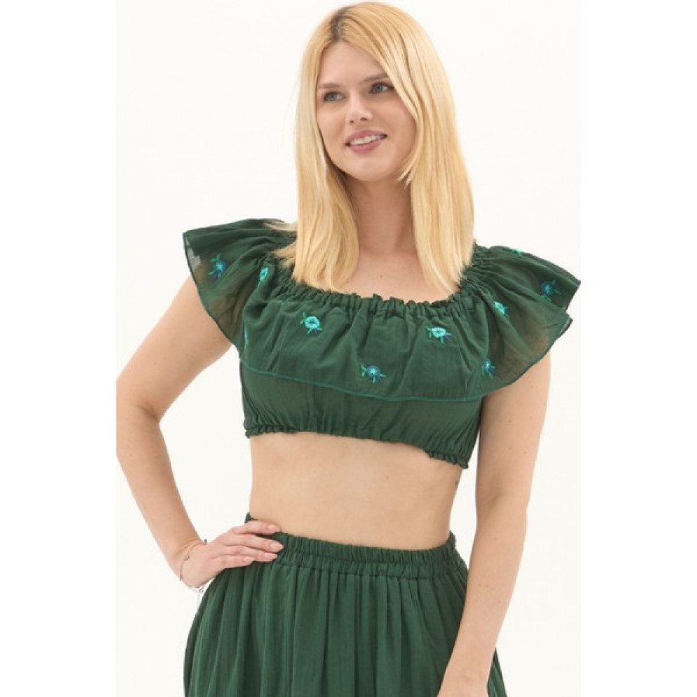 Newbutix Yeşil Vual Nakışlı Yazlık Crop Bluz Bluz Fiyatı