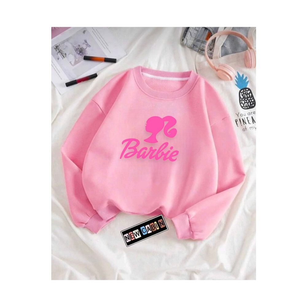 NewCabin Yeni Sezon Oversize Geniş Kalın Pamuklu (3İPLİK) Barbie Baskılı Pudra Sweat L Beden Bayan Sweatshirt Fiyatı