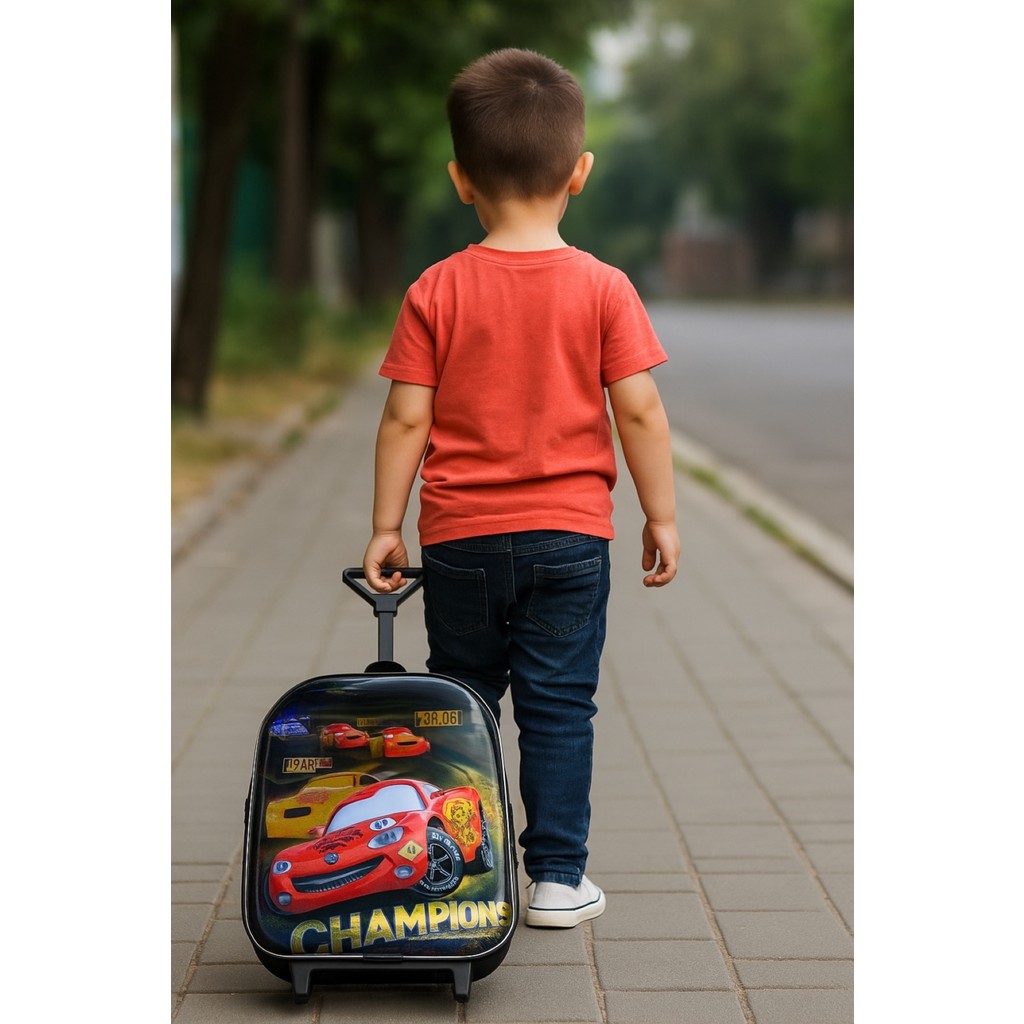 Newfull Çekçekli Araba Erkek Anaokul Sırt Çantası Siyah 30x25x12 cm Tekil Ürün - Siyah - Siyah Diğer Fiyatı