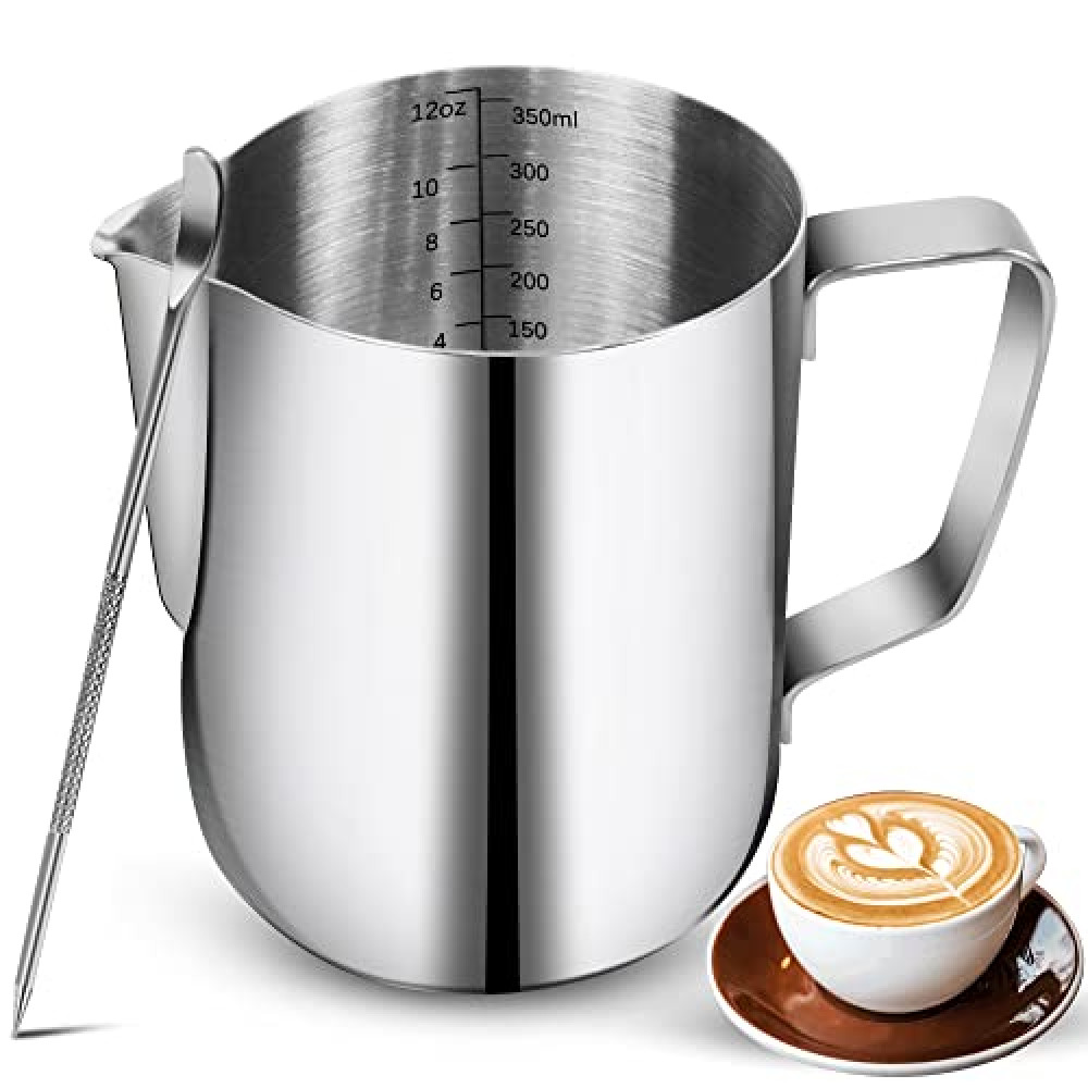 NewGF Milk Frothing Pitchers-12oz/350ML Stainless Steel Steaming Pitchers, Scale Coffee/Milk/Cappuccino/Latte Art Barista Steam Pitchers, Milk Jug Cup with Decorating Pen-Silver