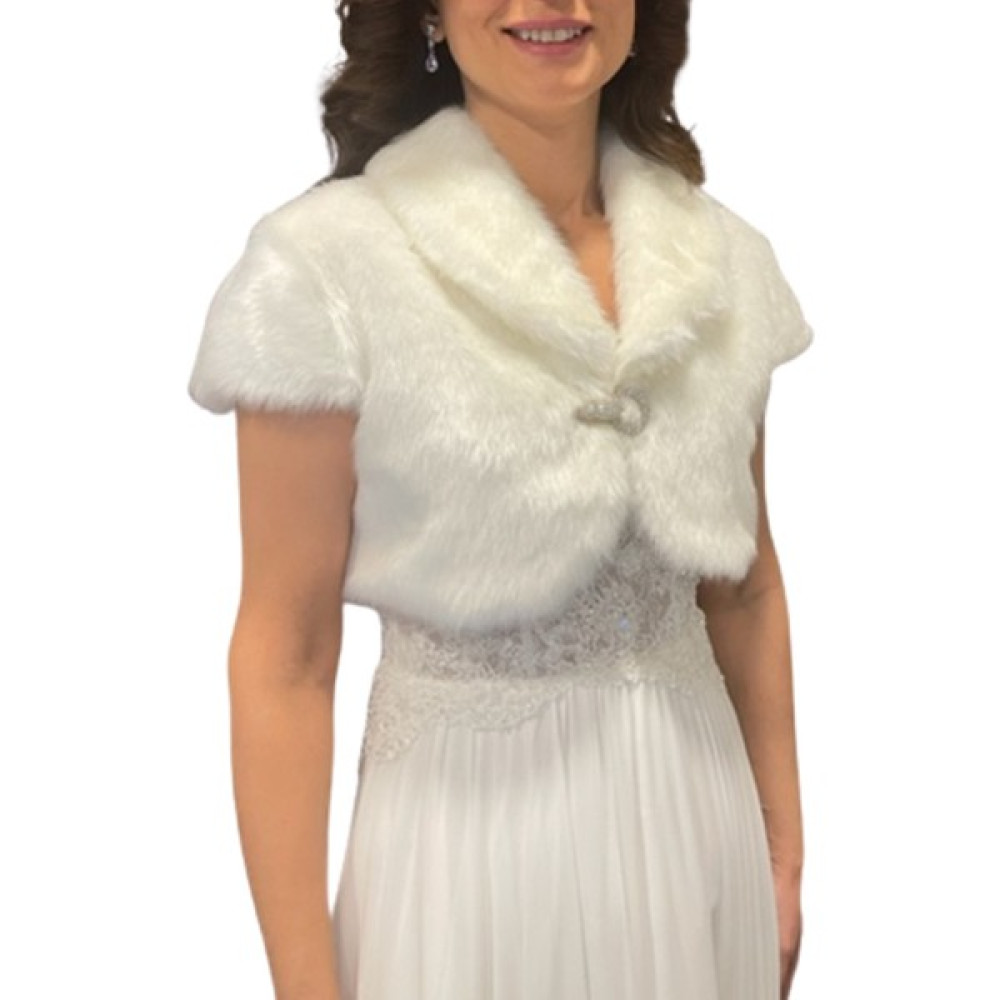 Newin Style Beyaz Kısa Kollu Broş Detaylı Gelinlik Ceket Etol Kürk Bolero Gelin Şal Gelinlik Fiyatı
