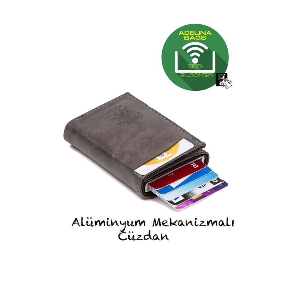 Newish Adelina Unisex Gri Crazy Deri Mekanizmalı Otomatik Kızaklı Kartlık Cüzdan Unisex Kartlık Fiyatı