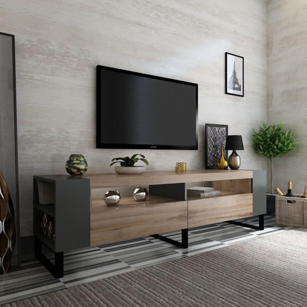 Newline Mobilya Belgrad Tv Ünitesi Çırağan-Antrasit 42 cm Derinlik / 150 cm Genişlik Demir Ayaklı - Antrasit - Çırağan Tv Ünitesi / Sehpası Fiyatı