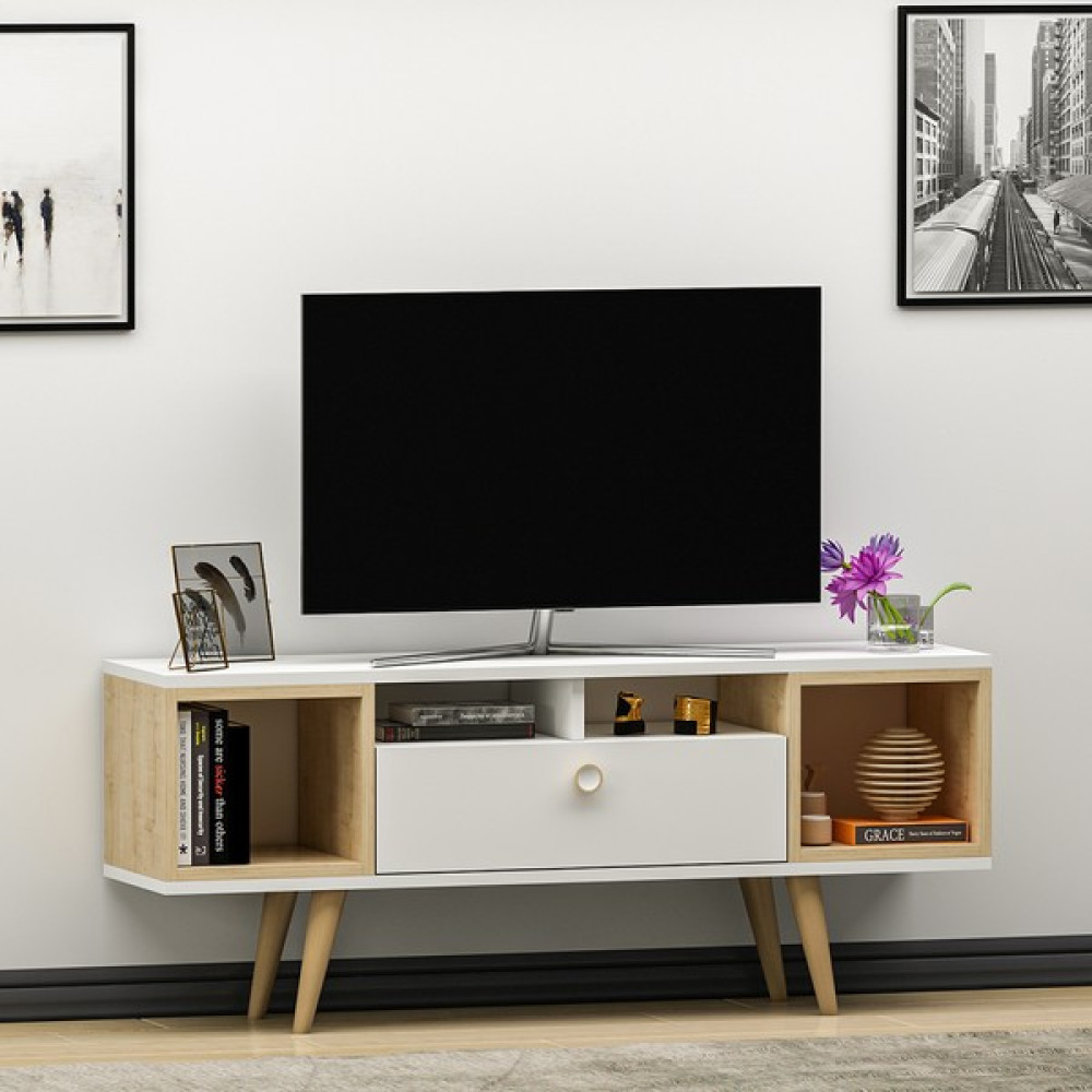 Newline Mobilya Eta Ahşap Ayaklı Tv Ünitesi 120CM Beyaz- Safir Meşe - Safir Meşe - Beyaz Tv Ünitesi / Sehpası Fiyatı