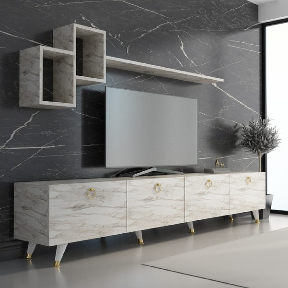 Newline Mobilya Meer Gold Tv Ünitesi 210 cm Efes Mermer - Beyaz Mermer Tv Ünitesi / Sehpası Fiyatı