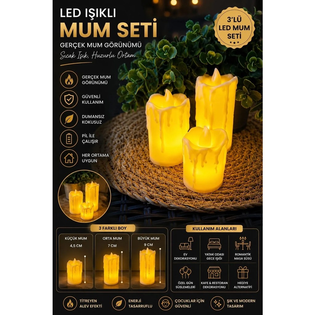 Newstore Home 3'lü Beyaz LED Mum Pilli Erimiş Görünümlü Plastik Fener Tasarımı Diğer Fiyatı
