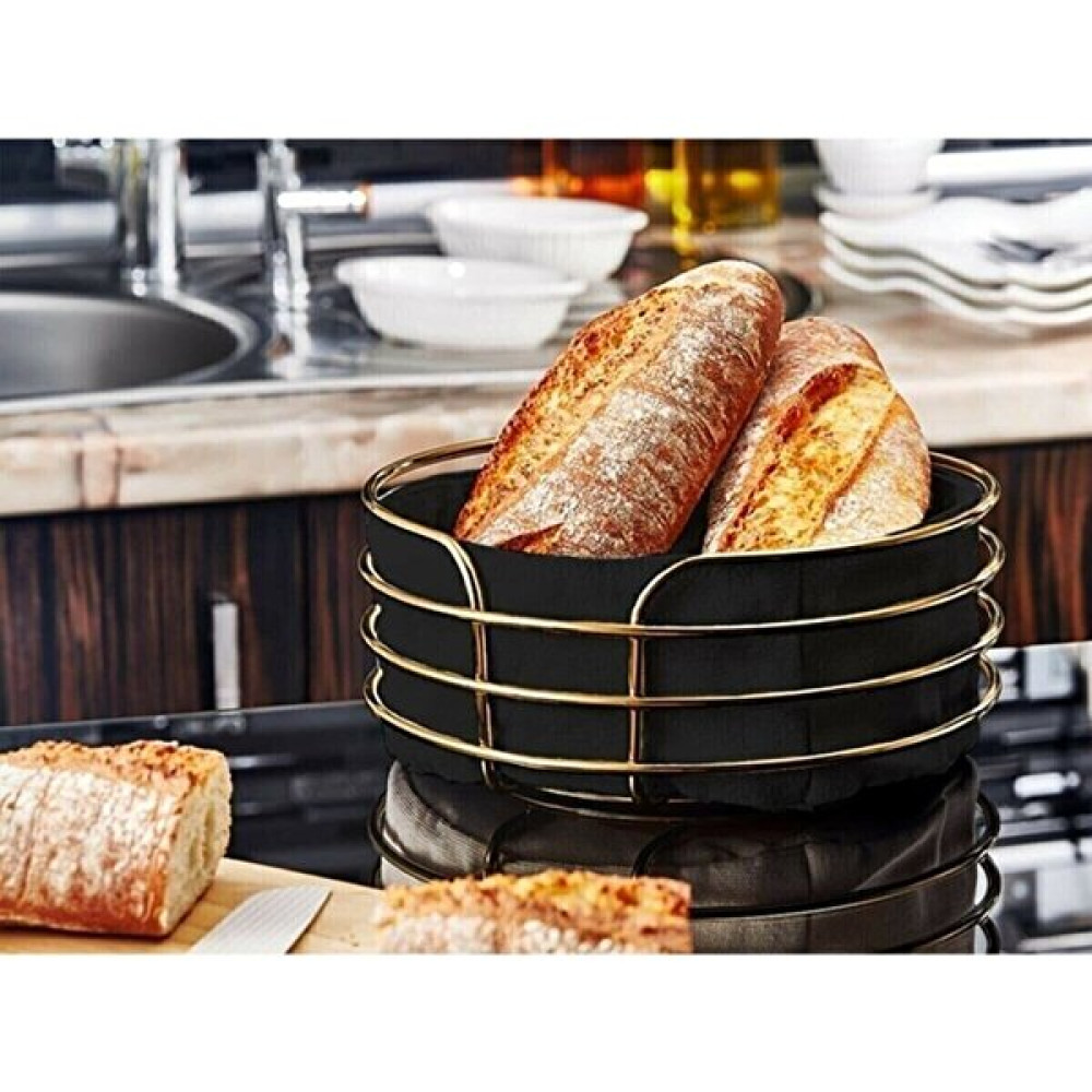 Newstore Home Paslanmaz Metal Gold Şeritli Siyah Kumaş Yuvarlak Ekmek Sepeti - 10 x 20 cm Mutfak Tekstili Fiyatı