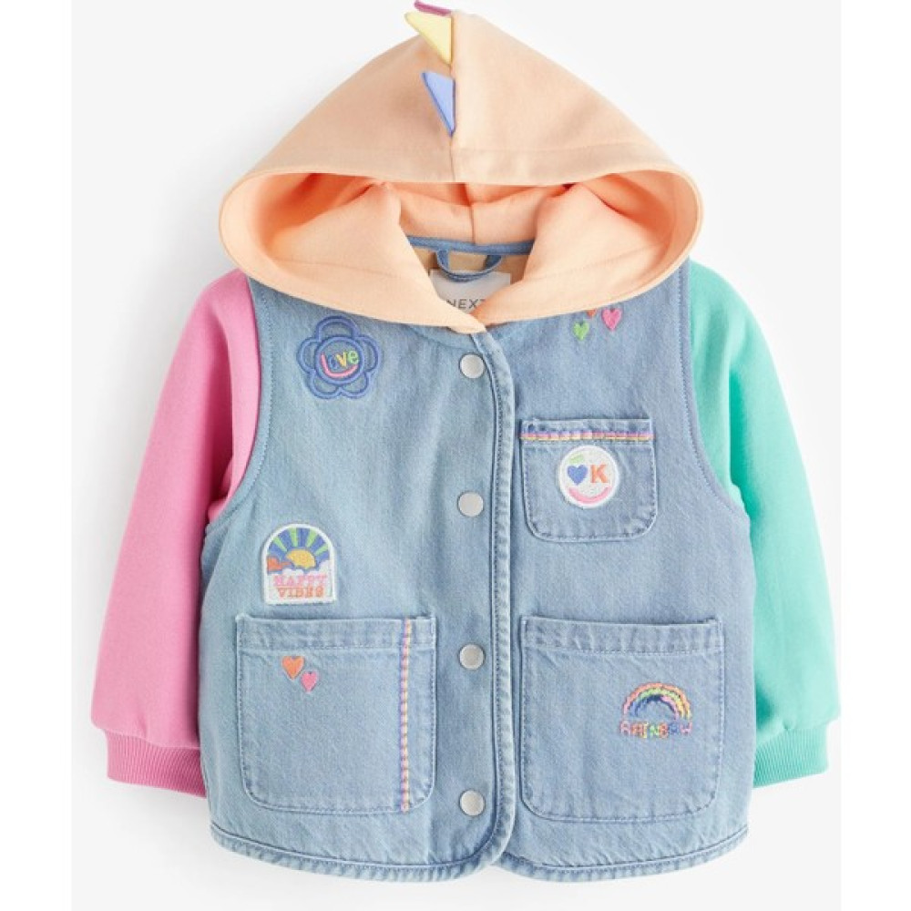 Next Baby Kız Çocuk Mavi Kapüşonu Desenli Rozetli Denim Jersey Uzun Kol Ceket Kız Çocuk Yelek Fiyatı