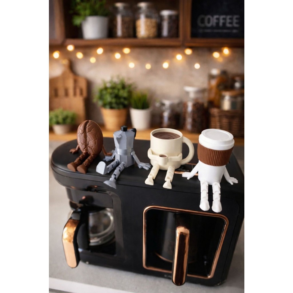 nextprintx Sevimli Kahve Köşesi Biblo Seti - 4 Parça Kahve Seti - Moka Pot - Kahve Bardağı - Dekoratif Obje - Kahverengi Biblo Fiyatı