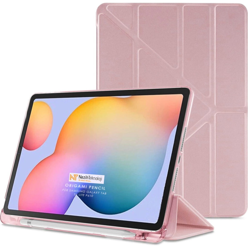 Nezih Case Samsung Galaxy Tab S6 Lite Uyumlu Origami Kalem Bölmeli Pu Deri Arkası Yumuşak Silikon Kılıf - Rose Gold Tablet Kılıfı Fiyatı