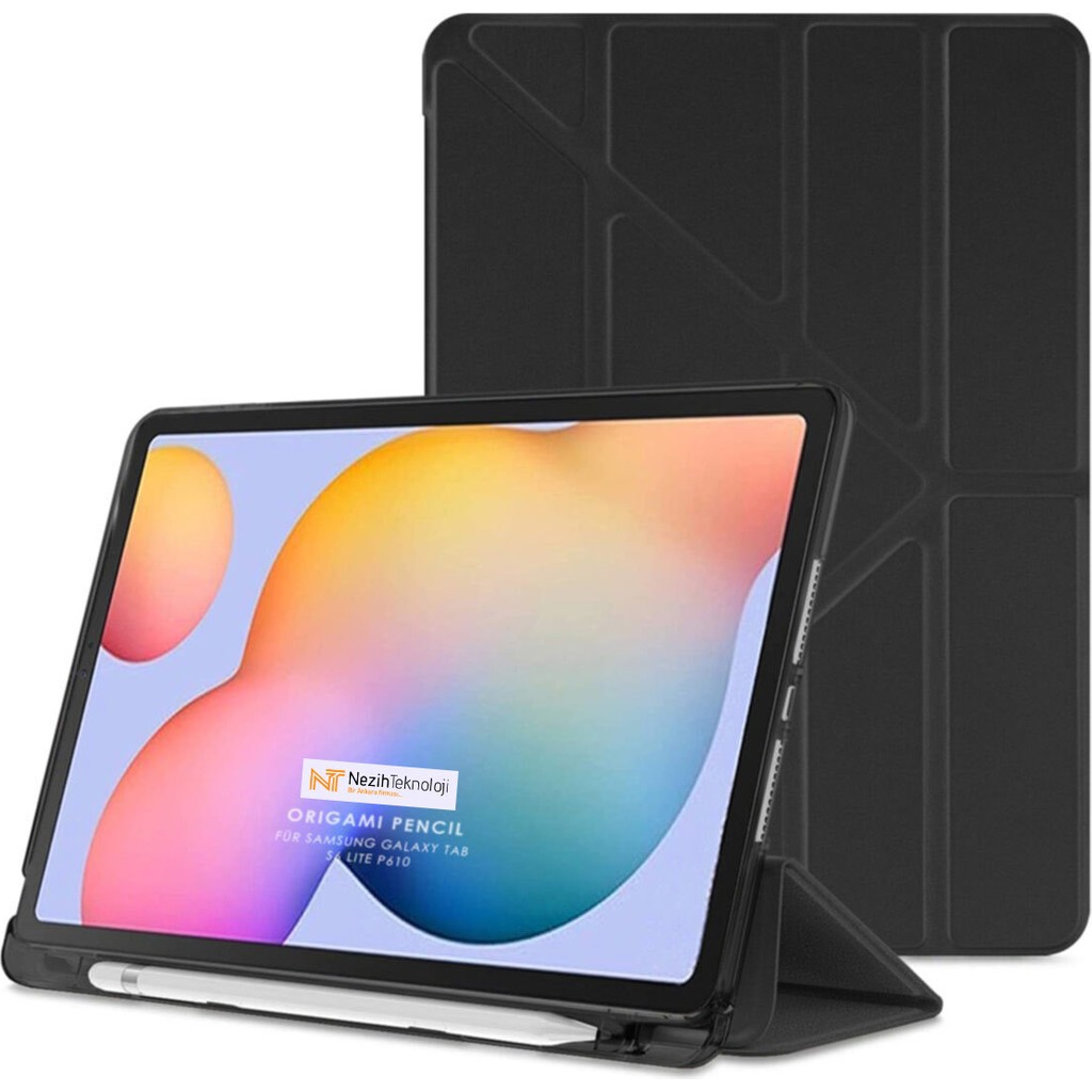 Nezih Case Samsung Galaxy Tab S6 Lite Uyumlu Origami Kalem Bölmeli Pu Deri Arkası Yumuşak Silikon Kılıf - Siyah Tablet Kılıfı Fiyatı