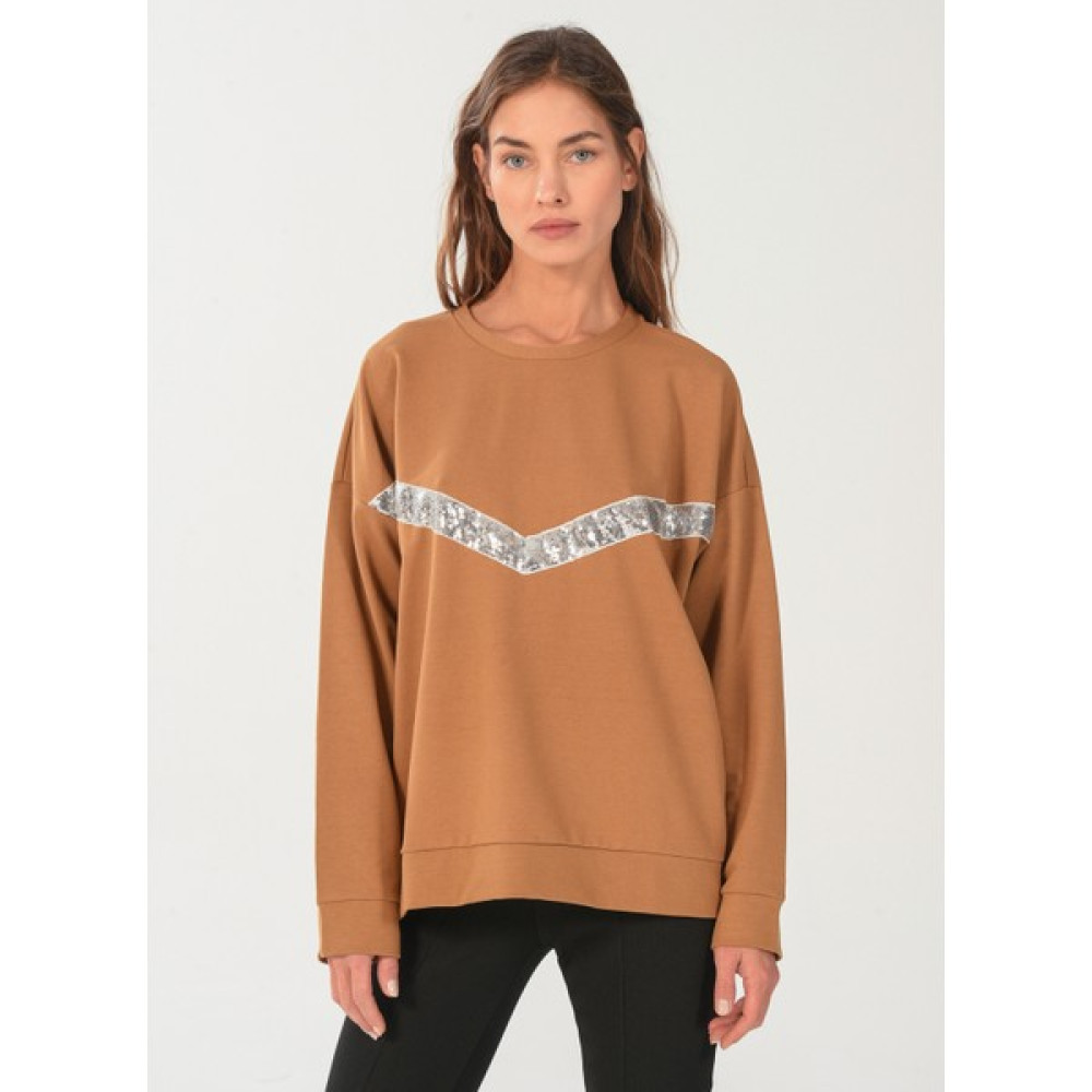Ngstyle Bisiklet Yaka Payetli Deve Tüyü Kadın Sweatshirt NGW22-O16 Bayan Sweatshirt Fiyatı