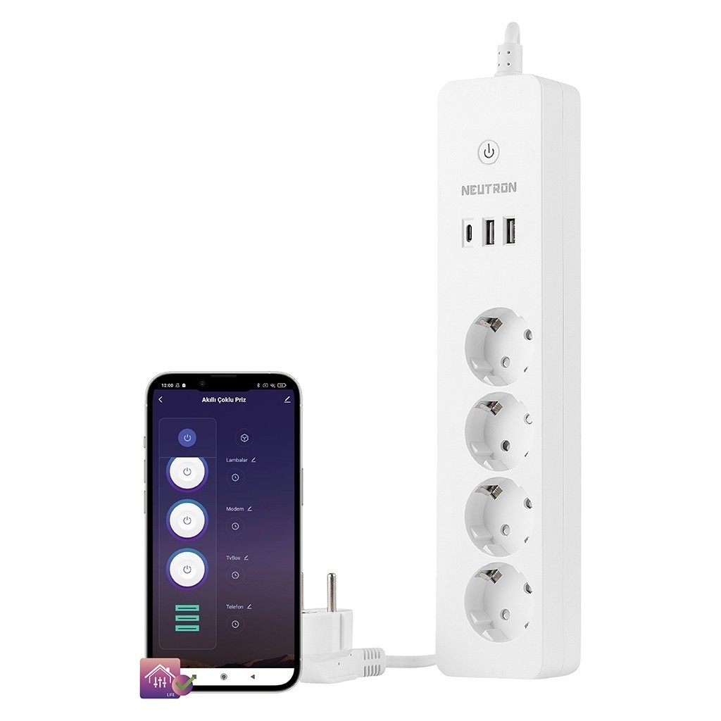 Nif Bilişim Neutron NTL-SW07 Akıllı Priz Wi-Fi Destekli 4'lü Akım Korumalı Priz 2 USB 1 Type C Girişi her Priz Ayrı Ayrı Kontrol Bilgisayar Çevirici ve Adaptörü Fiyatı