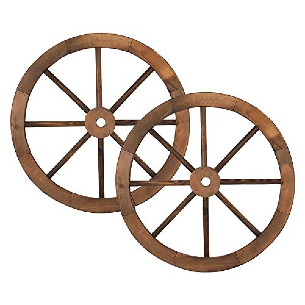 NIKKHO 2pcs 24-Inch Old Western Style Garden Art Wall Decor Wooden Wagon Wheel Brown