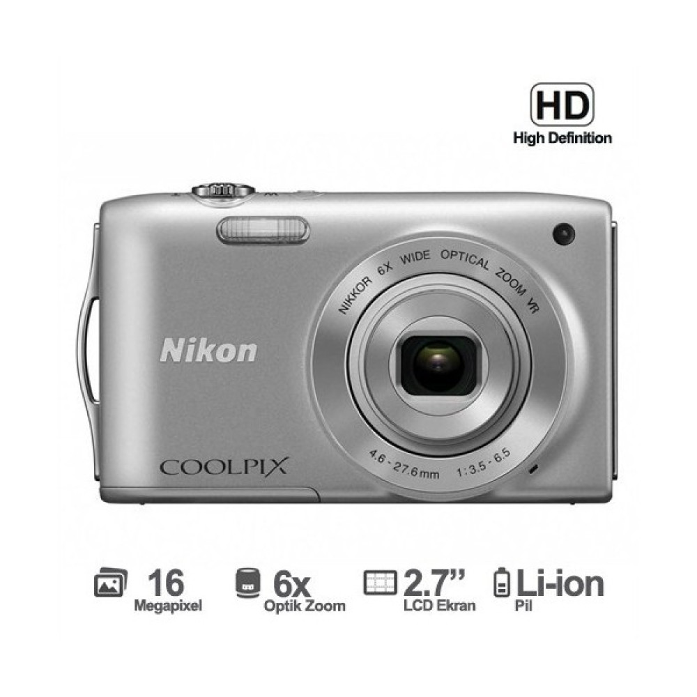 Nikon Coolpix S3200 16 MP 6x Optik Zoom 2,7" LCD HD Vİdeo Dijital Fotoğraf Makinesi - Gümüş Dijital Fotoğraf Makineleri Fiyatı