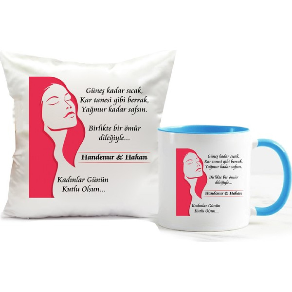 Nil Hediye 8 Mart Dünya Kadınlar Günü Kupa Bardağı ve Yastığı Hediye Seti - 40 x 40 cm - Beyaz Kırlent / Mobilya Yastığı Fiyatı